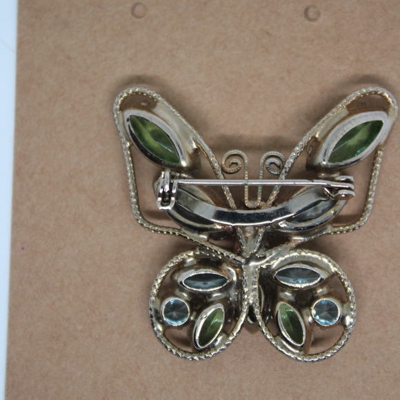 VTG GLOWING Green & Blue Marquise Rhinestone Butterfly Brooch - Picture 5 of 8